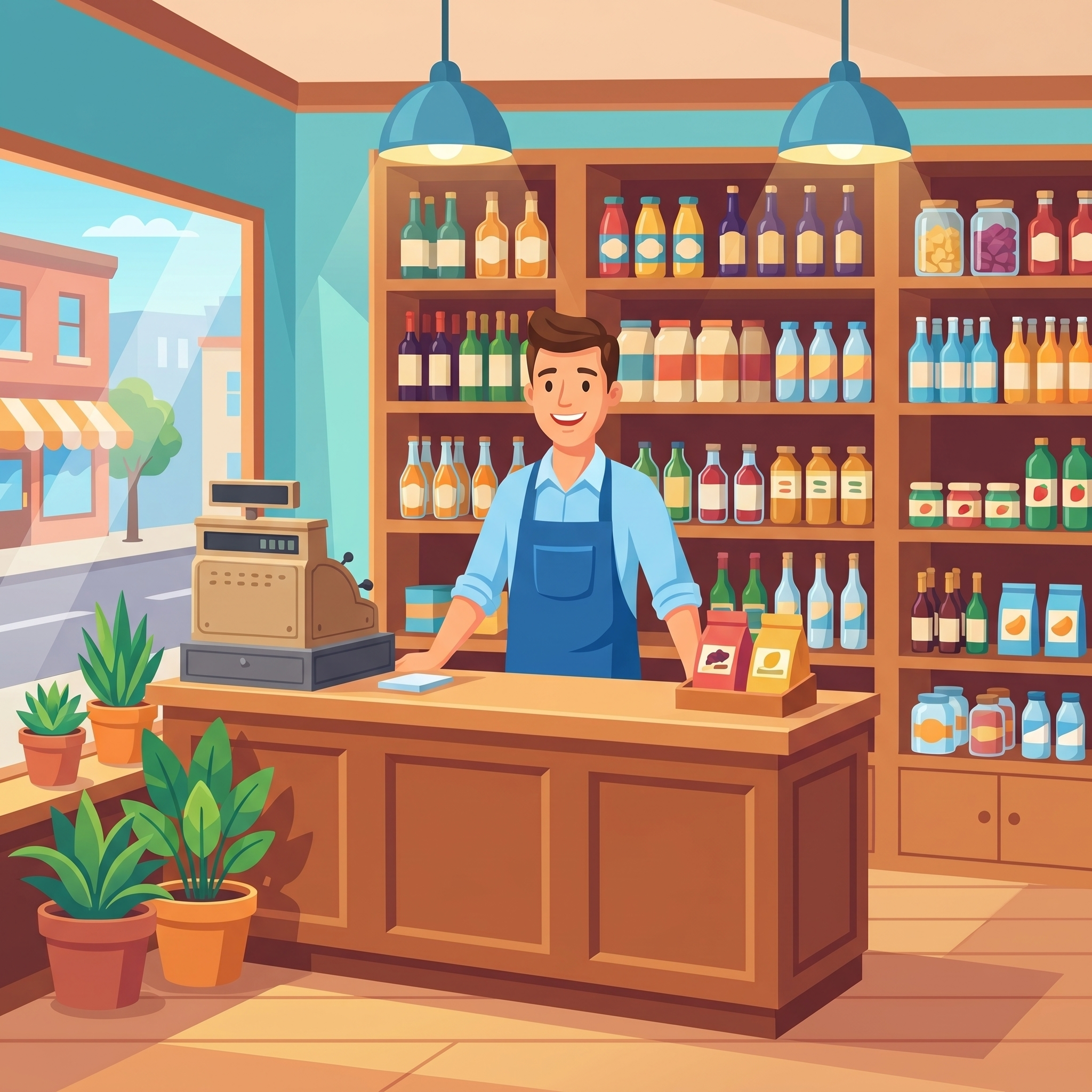 Negoziante sorridente dietro il bancone del suo negozio